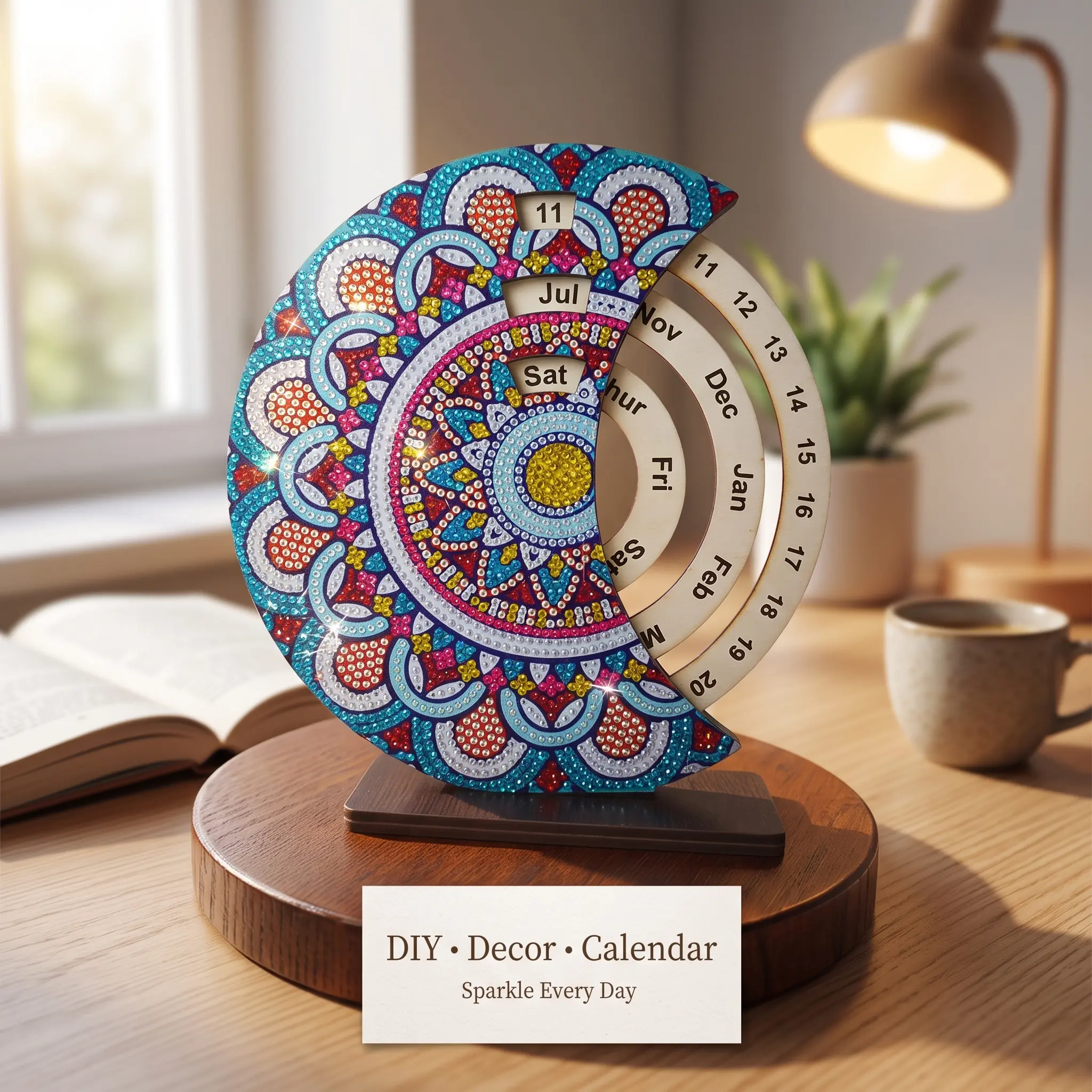 DIY Diamond Painting Perpetual Calendar Kit, Rotating Wooden Desk Calendar with Mandala Design, Crystal Art Craft Kit for Adults, Handmade Home Office Desk Decor & Creative Gift