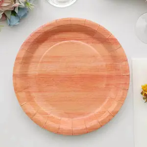 25-Pack Paper Round Dinner Plates 10" Natural Wood Grain Print - Disposable Party Plates Rustic & Nature-Inspired Events