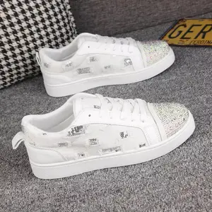 Fashionable unisex casual breathable flat lace-up sneakers with rhinestone and distressed details