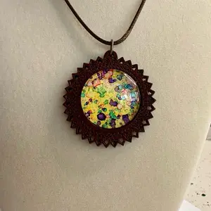 Unique Wooden Handpainted Necklace on Brown Leather 20" Cord. One of a Kind!