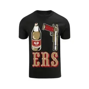 Men's Casual 100%25 Cotton T-Shirt - ERS San Francisco Football Graphic, High Stretch Fabric, Regular Fit, Short Sleeve Crew Neck - Black with Beer & Pistol Design for All-Season Wear, Comfortable Pullover  Bold Print Top  High Stretch Material,