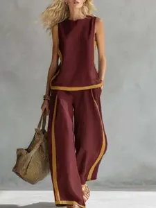 Deep red women's casual set, women's streetwear for indoor and outdoor wear, women's pants and tops -Casual Summer Outfit  #   WideLegPants # SummerOutfit #   BohoFashion #   CasualWear #   Outfit of the Day #   WomensFashio Womenswear Clothes