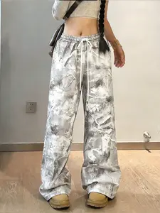 Women's Oversized Wide-Leg Casual Pants – 2 Stylish Prints (Artistic Ink/Granular Maple Leaf), Elastic Drawstring Waist, Full-Length Design for Streetwear/Everyday Outfits, Casual Outdoor Trouser
