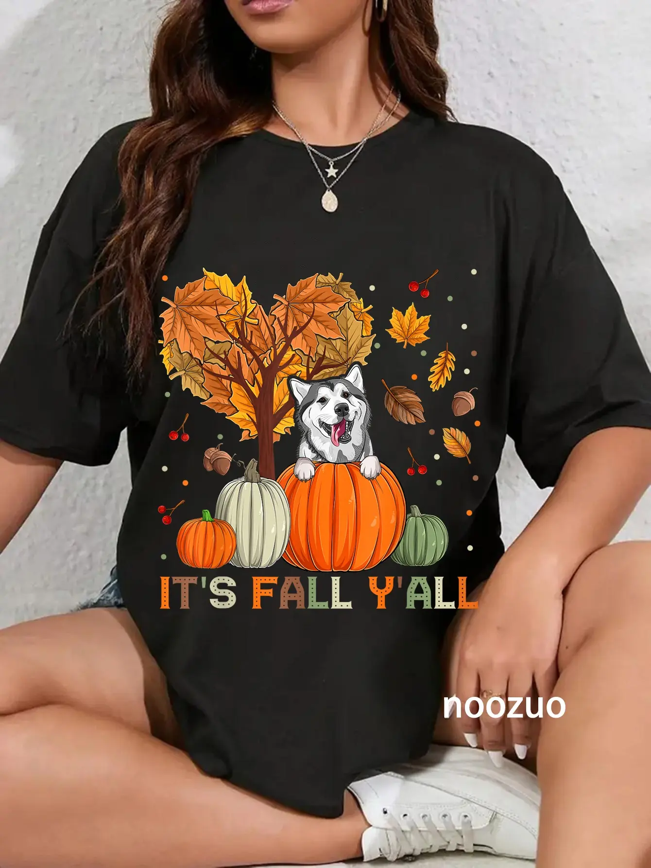Lady's 100% Cotton Casual Everyday Round Neck Graphic T-Shirt - Siberian Husky Print, Fall Y'all Autumn Themed Women's Top, Tshirt, Vintage, Whimsical