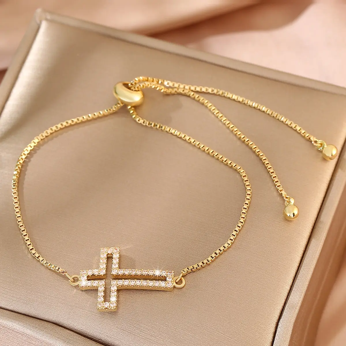 Unisex Geometric Cross Bracelet with Cubic Zirconia, Metal Coating, Adjustable Slide Clasp, Rhinestones – Elegant Glam Jewelry for Birthday, Anniversary, Everyday Wear