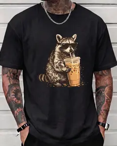 Funny Raccoon Iced Coffee Graphic Tee Trash Panda Caffeine Meme Shirt Casual Oversized