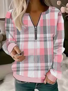 Women's Casual V-Neck Long Sleeve Plaid Fitted Classic Sweatshirt, Perfect Choice for Spring and Autumn, Stylish and Comfortable Fashion