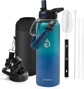 Insulated Water Bottle 40 Oz, Triple Wall Vacuum Stainless Steel (Cold for 48 Hrs), Leak Proof & Non-Bpa, Modern Water Flask Jug with Paracord Handle & Straw Spout Lids, Cyan Blue RAYMYLO