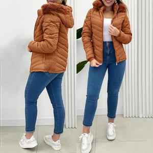 CHICME Women's Zip Up Pocket Design Shirred Waist Warm Jacket Fuzzy Trim Fleece Lined Hooded Puffer Coat Windproof Jackets
