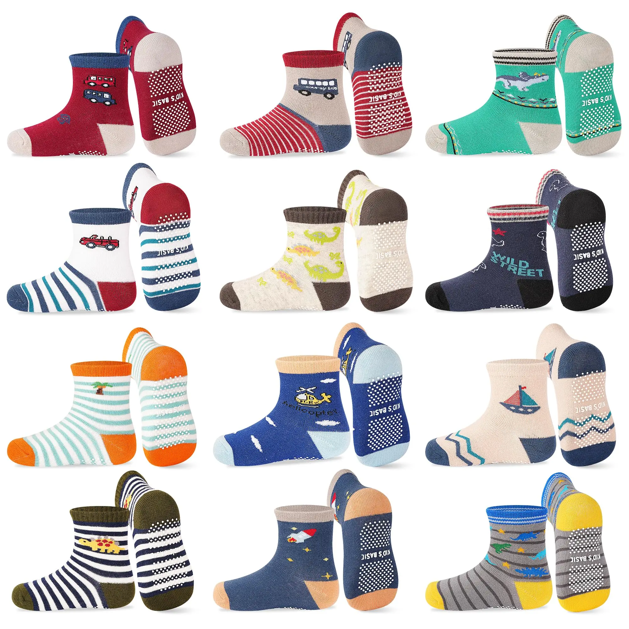 TPHON Toddler Boy Socks with Grips 12 Pairs Kids Anti Slip Cotton Crew Socks for Boys, Girls 1-7 Years soft comfy sock Kneesocks