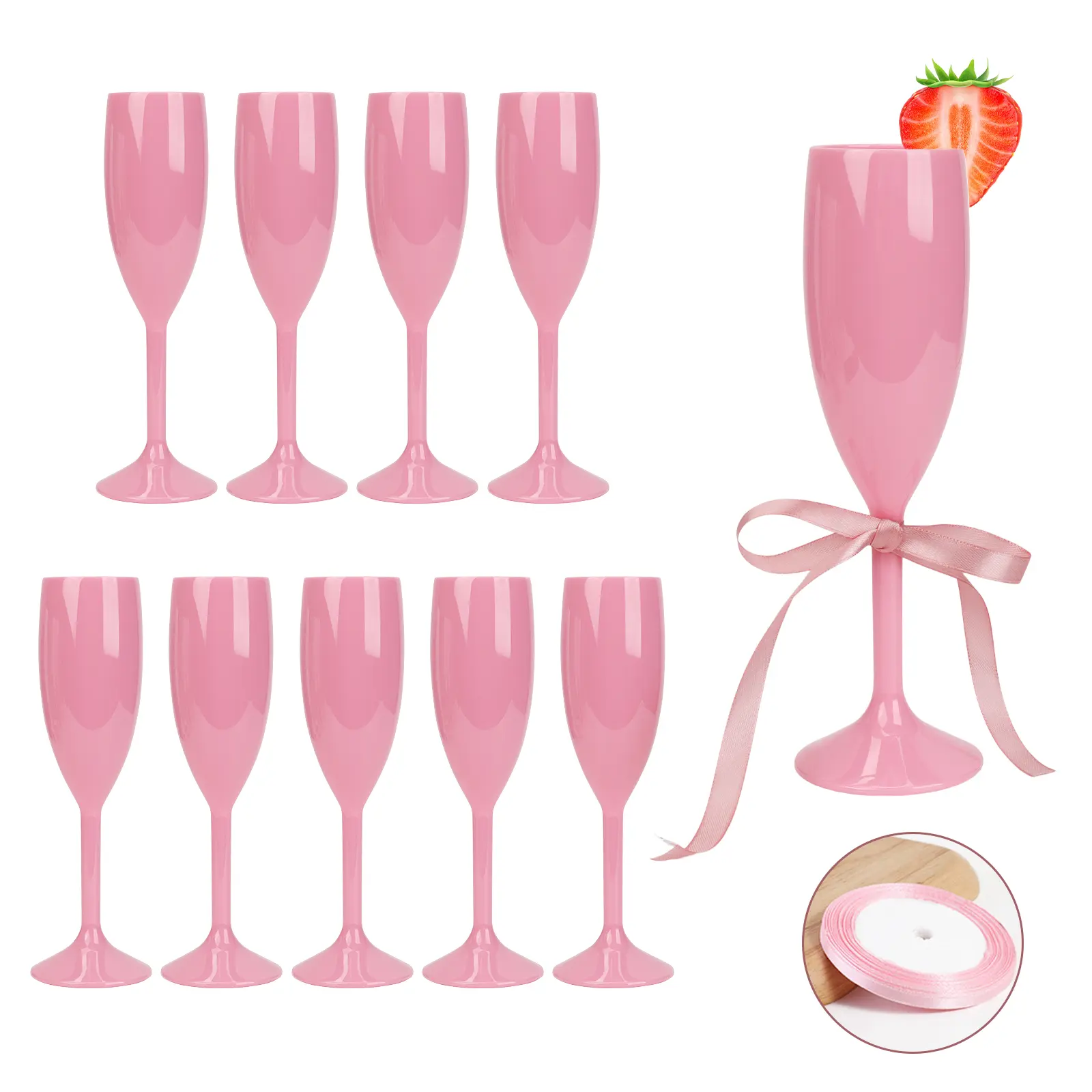 10 Pack Pink Champagne Flutes Acrylic Champagne Glasses Wedding Toasting Goblet with Satin Ribbon Nano Tape Reusable Unbreakable Champagne Cups for Bachelorette Bridal Shower Party