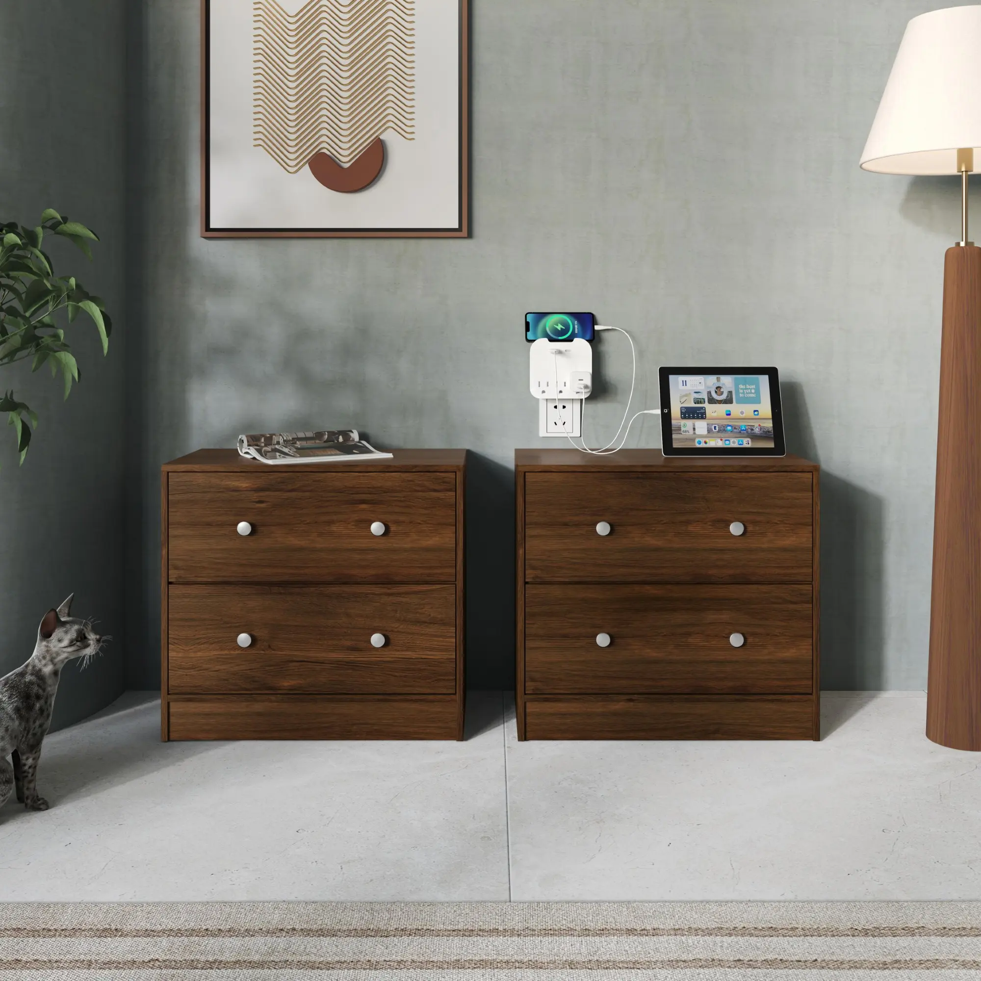 Favorer Trenton 2-Drawer Night Stand Set of 2, Modern Brown/Black Bedroom Bedside Side Tables, Matching Side Table Combo, Nightstands with Drawer