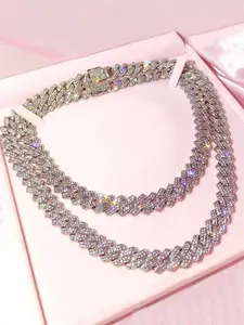 2025 New Hip Hop Women's Bling Necklace Bracelet 14mm Cuban Chain Ice Crystal Double Row Diamond Pave Miami Diamond Bracelet Women's Jewelry