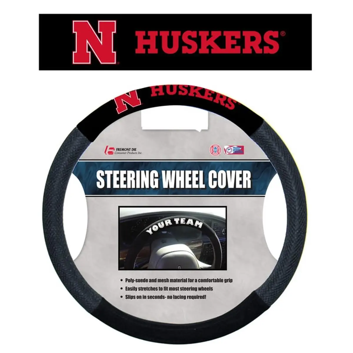 Fremont Die 48593 Nebraska Cornhuskers Poly-Suede Steering Wheel Cover - Universal Fit, Comfortable Grip, Team Logo Printed, Slip-On Nebraska Huskers Merch Sports Collectibles Accessory, Printed With Team's Logo