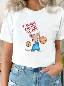 Women's "If You Give A Mouse A Cookie" Graphic Tee - Soft, Breathable Short Sleeve, Casual Summer Style With Fun Mouse & Design, Casual Wear |     Whimsical Design |     Comfortable Fit #   High Street Fashion T-Shirts halloween clothes graphic tees