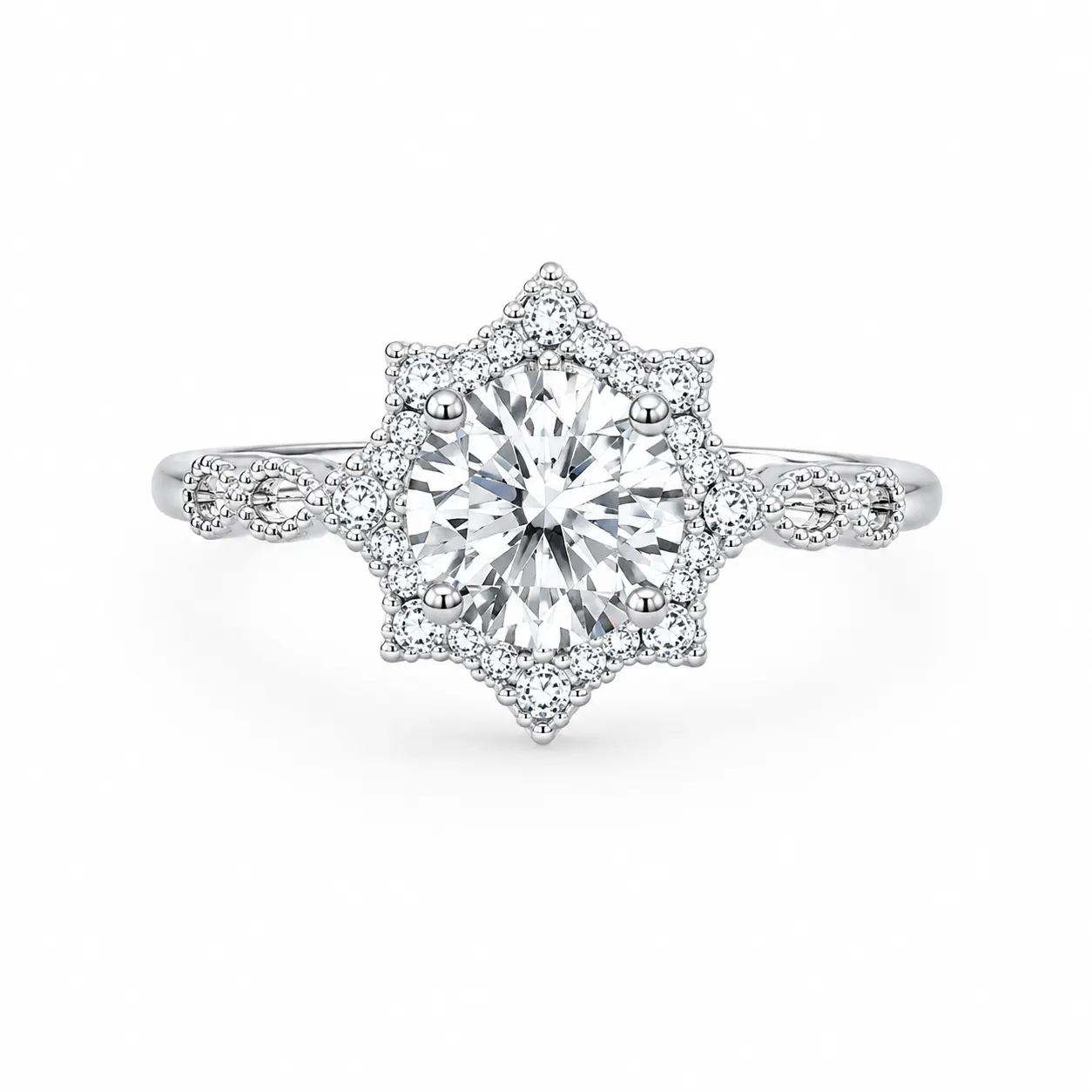 Women's 0.8CT Round Moissanite Vintage Halo Ring - Platinum-Plated Adjustable Sparkling Costume Jewelry Ring