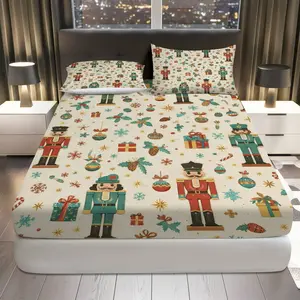 3Pcs Nutcracker Christmas Holiday Fitted Sheet Three Piece Set (1*Fitted Sheet+2*Pillowcases, Coreless), Christmas theme, Decorative Festive Bedding Set, Mattress protector Soft, Breathable