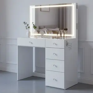Elena Premium Vanity LED & Bluetooth with 3-Mode LED Mirror, Bluetooth Speakers, USB-A & USB-C Ports, 5 Drawers, PET Finish, Glass Top, Crystal Knobs