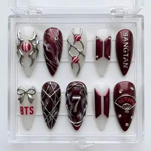 Kpop Fandom Burgundy Chrome Nails | Music Concert Inspired Press On Nails | Luxury Fan Nail Set
