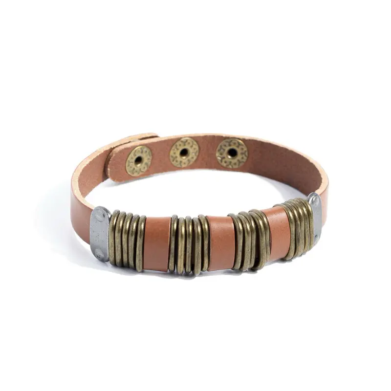 Men’s brown leather with brass snap bracelet