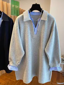 Women's Fall New Colorblock Striped Dual Layer V-Neck Fake Two-Piece Long Sleeve Loose Fit Casual Simple Fashion Pullover Sweatshirt