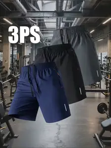 Men's 3-Piece Sport Shorts Set, Gym-Exclusive Breathable Quick-Dry Training Shorts, Zipper Pockets & Drawstring Waist, Outdoor Sports & Fitness