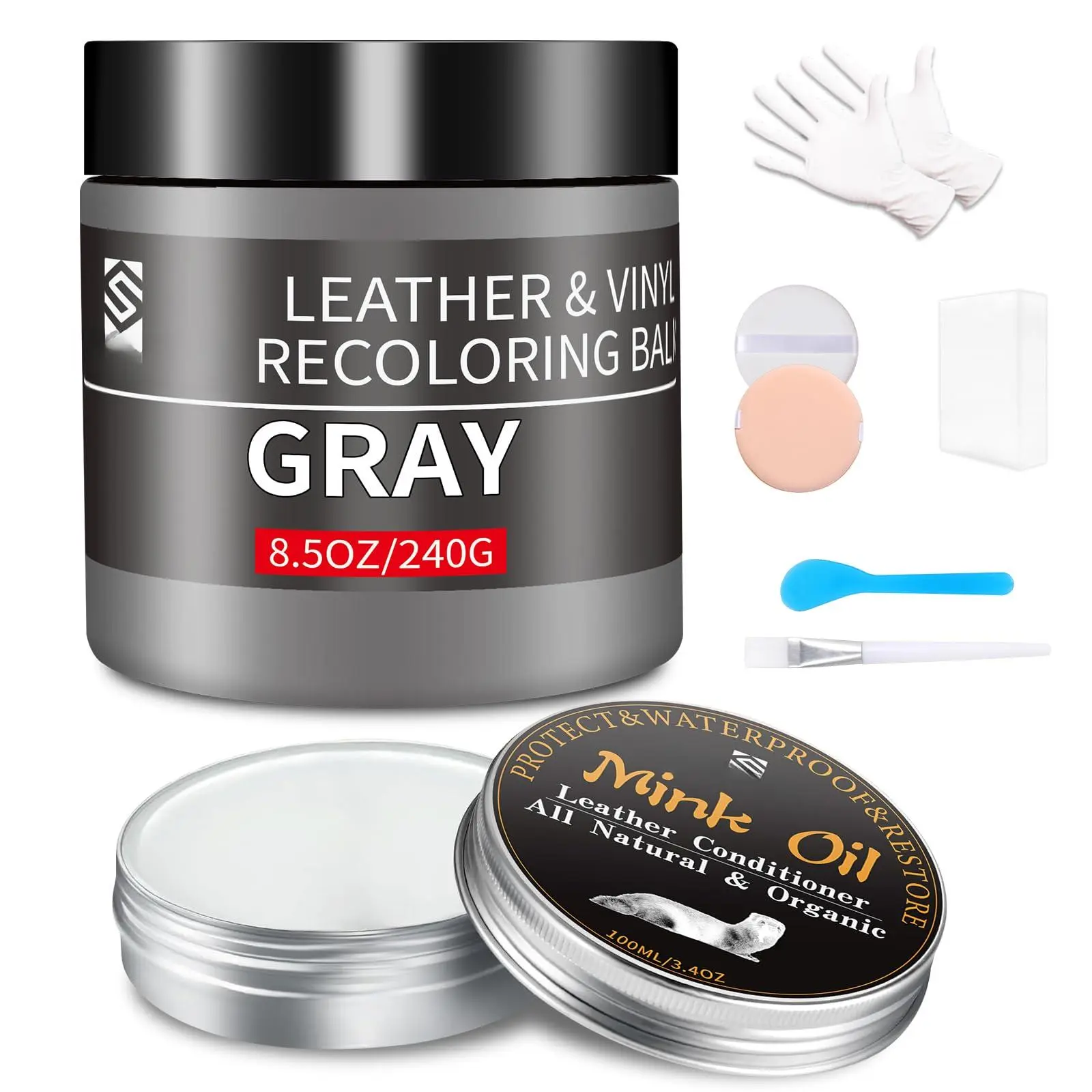 8.5oz Leather Recoloring Balm With 100ml Oil Gray Repair Kit For Furniture And Car Interior Couch Scratch Dye Paint