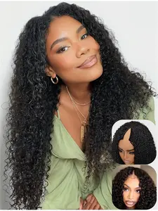 Deep Wave V Part Wig Human Hair Glueless Clip In 100% Real Human Hair Curly V part Wigs No Glue No Sew In Upgrade U Part Wig For Beginners Friendly 180 Density Medium Length Wigs