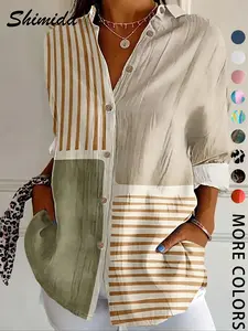 Women's Casual Fitted Blouse with Digital Print, Striped Classic Collar Long Sleeve Top, Stylish Ladies' Clothing for Everyday Wear, Button Front Shirts, Womenswear