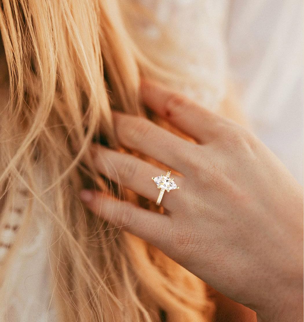 EAMTI 14K Gold Plated Engagement Ring for Women 2CT Marquise Cut Cubic Zirconia Wedding Band CZ Promise Anniversary Ring