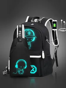 2-piece simple casual business backpack set,shoulder bag and chest bag, including an extra-large fluorescent backpack - Oxford cloth cartoon expression print backpack set multi-functional college large capacity outdoor men's gift travel vacation essential