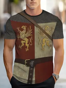 Men's Medieval Knight Griffin Graphic Print Short Sleeve T-Shirt Vintage Chainmail Crest Pattern Trendy Casual Top Crewneck Regular Fit All-Season Streetwear Personality Knight Style Outfit Hot Graphic Tee Bestseller