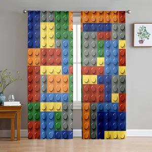 2D Flat 2Pcs colorful building block pattern curtains, creative game room decor, geometric color window drapes, semi-blackout privacy, for bedroom living home, modern art treatment, Room Decoration