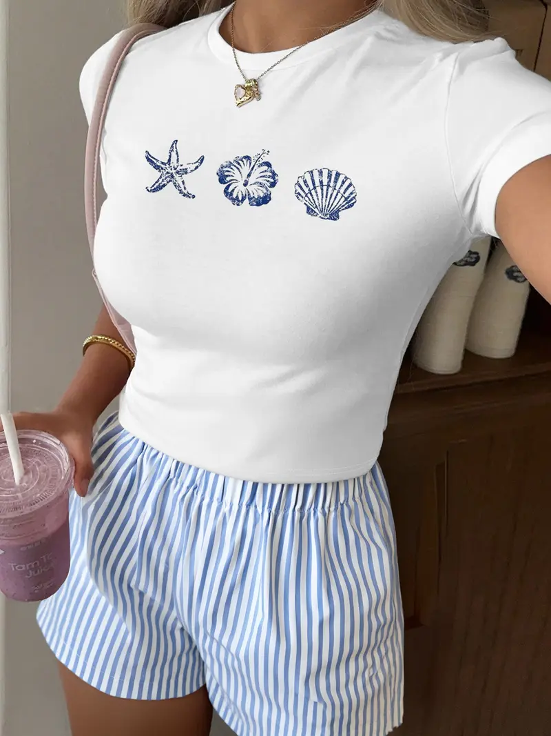 Two-Piece Set Women's Casual Simple Starfish Shell Pattern Crew Neck Short Sleeve Crop Top, Perfect for Summer Beach Vacations, Spring Break, Graduation Celebrations