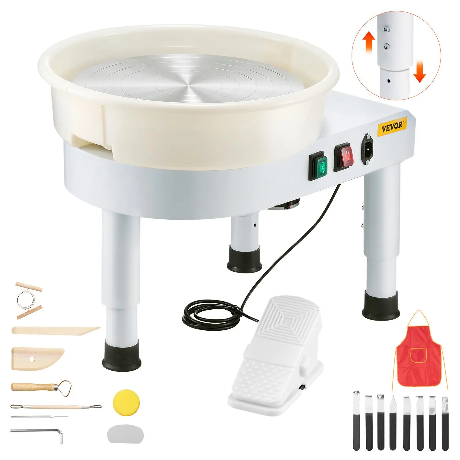 VEVOR Pottery Wheel, 14 in Ceramic Wheel Forming Machine, 60-300 RPM Adjustable Speed with Foot Pedal Control, Detachable Basin, Adjustable Lift Leg, Complete Accessories for Home Pottery, DIY, White