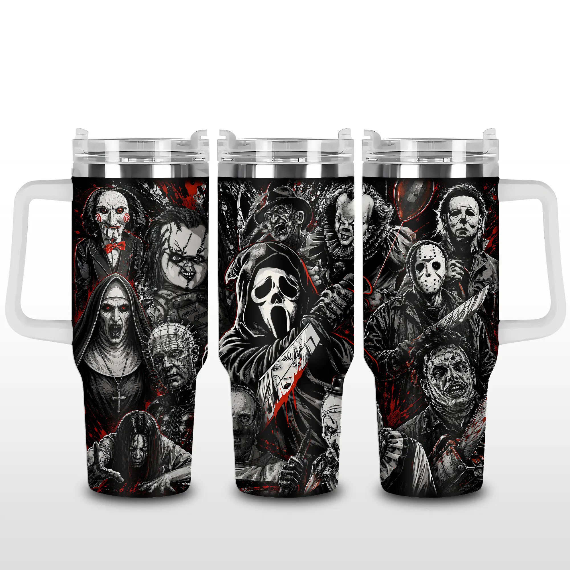 Horror Villains Inspired Halloween Tumbler with Handle, Scary Movie Slasher Character Travel Cup 40oz/ 30oz/20oz Tumbler, Nightmare Coffee 40oz Tumbler, Double-Walled Insulation Vacuum Insulated Cup with Handle, Lid, and Straw