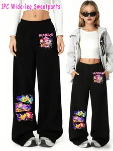 Girls Kpop Demon Hunters Korean Fashion Loose Fit Wide Leg Pants, Cartoon Anime Print Casual Trousers, Spring & Fall Comfortable Wear, Aesthetic