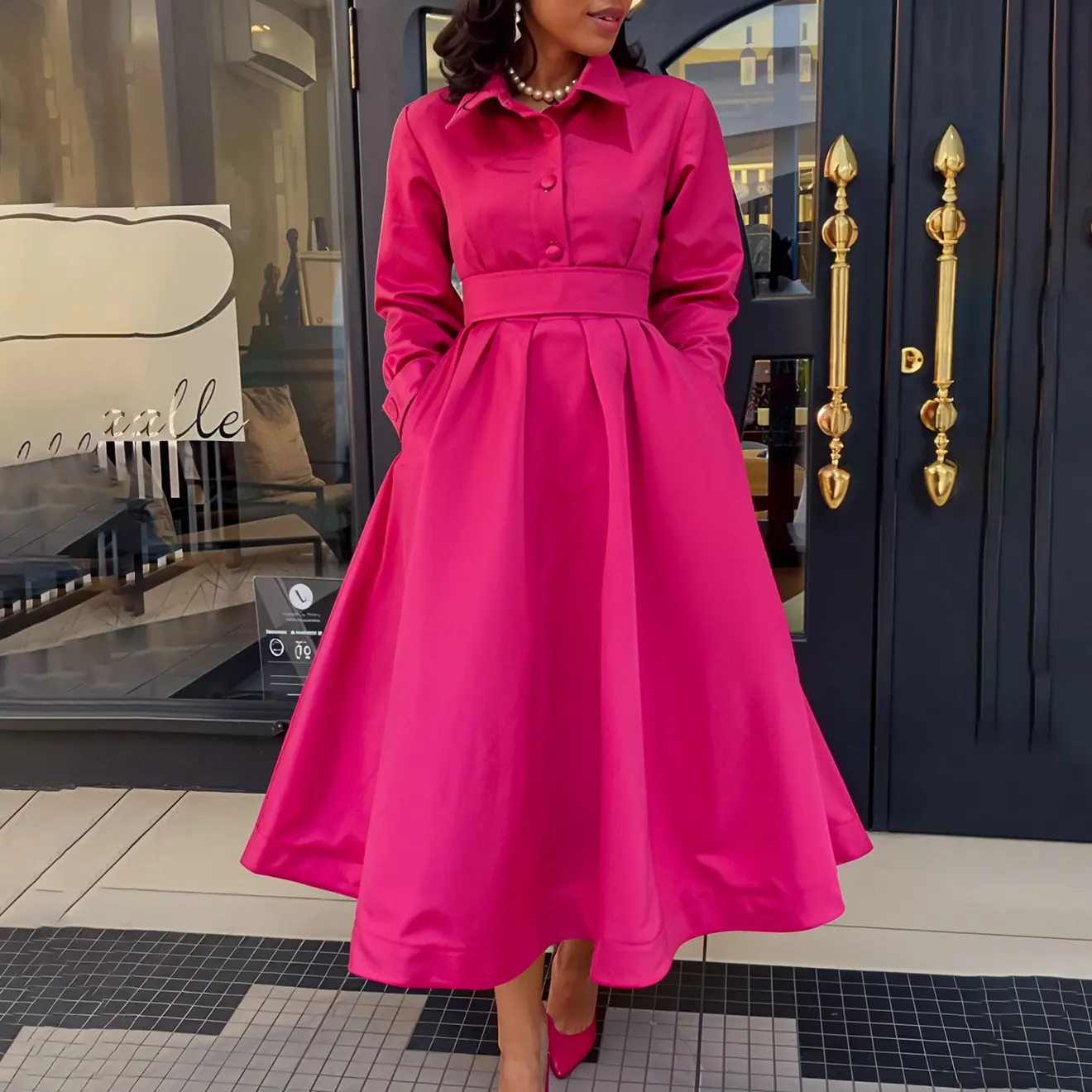 Large Swing Solid Color Lapel Long Sleeve African Dress