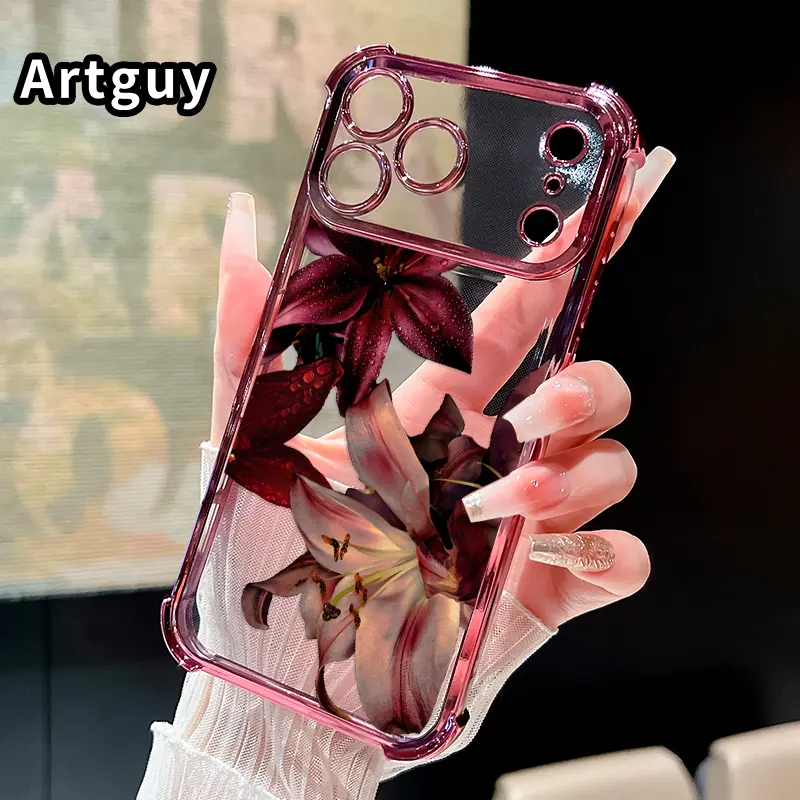Electroplated Four Corner Anti-Fall Dew - kissed Lilies' Rhapsody Pattern Phone Case for iPhone 17 Pro Max 16 Air 15 Plus 14 13 12 11 E Shockproof Transparent Protective Cover
