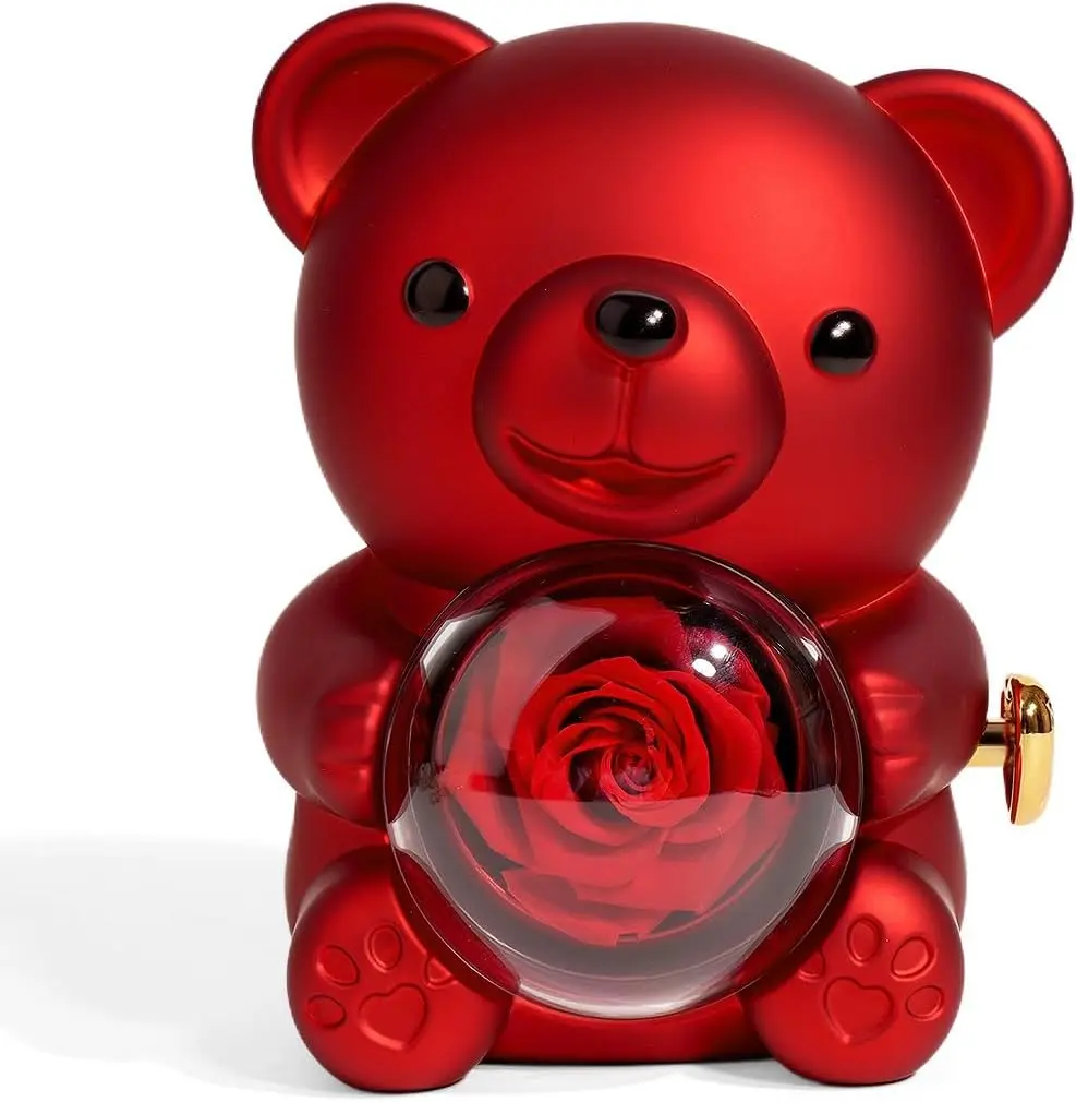 Soft Cuddly Gift Teddy Bear Jewelry Box with Preserved Rose & Included Necklace - Home Organizer, Romantic Mother's Day Gift (Red,Pink,Purple Recyclable Blind Box)