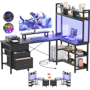 L Shaped Desk with Hutch, Gaming Desk with Led Lights, Reversible Computer Desk with Power Outlet, Corner Desk with File Drawer & Monitor Stand, Storage Shelves for Home Office