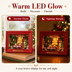 Rolife DIY Miniature Christmas House Kit - 3D Wall-Mountable Dollhouse Mini Room Building Set with Bright Red Frame, Traditional Tree Ornaments for Adults, Home Decoration Gift