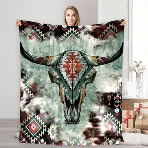Vintage Native American Bull Head Fleece Throw Blanket - Soft, Warm Geometric Pattern With Southwestern Design, Perfect For Living Room Or Bedroom Decor, Sofa Lounging, And Everyday Use, Bohemian Style, Machine Washable, Allseason Comfor
