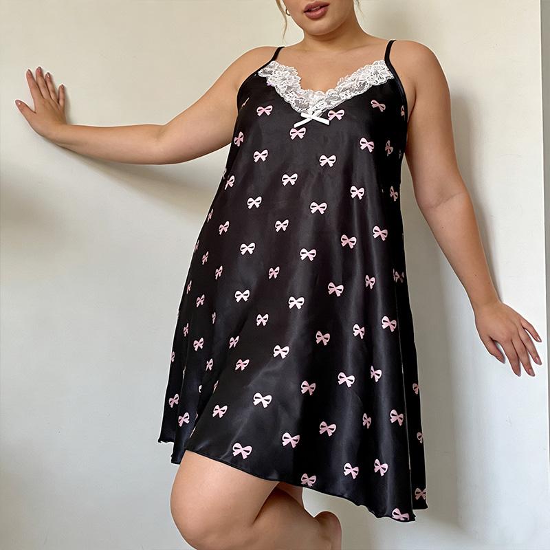 3PCS Women's Lace V-Neck Heart Printed Pajama Dresses Large Size loungewear Cherry Heart Print Pajama Set women  Plus Size Heart Detail Nightgown Women's Breathable Sleep Set woman lingerie lace chemisesexy lace home nightdress Lace Nightwear 1XL-4XL