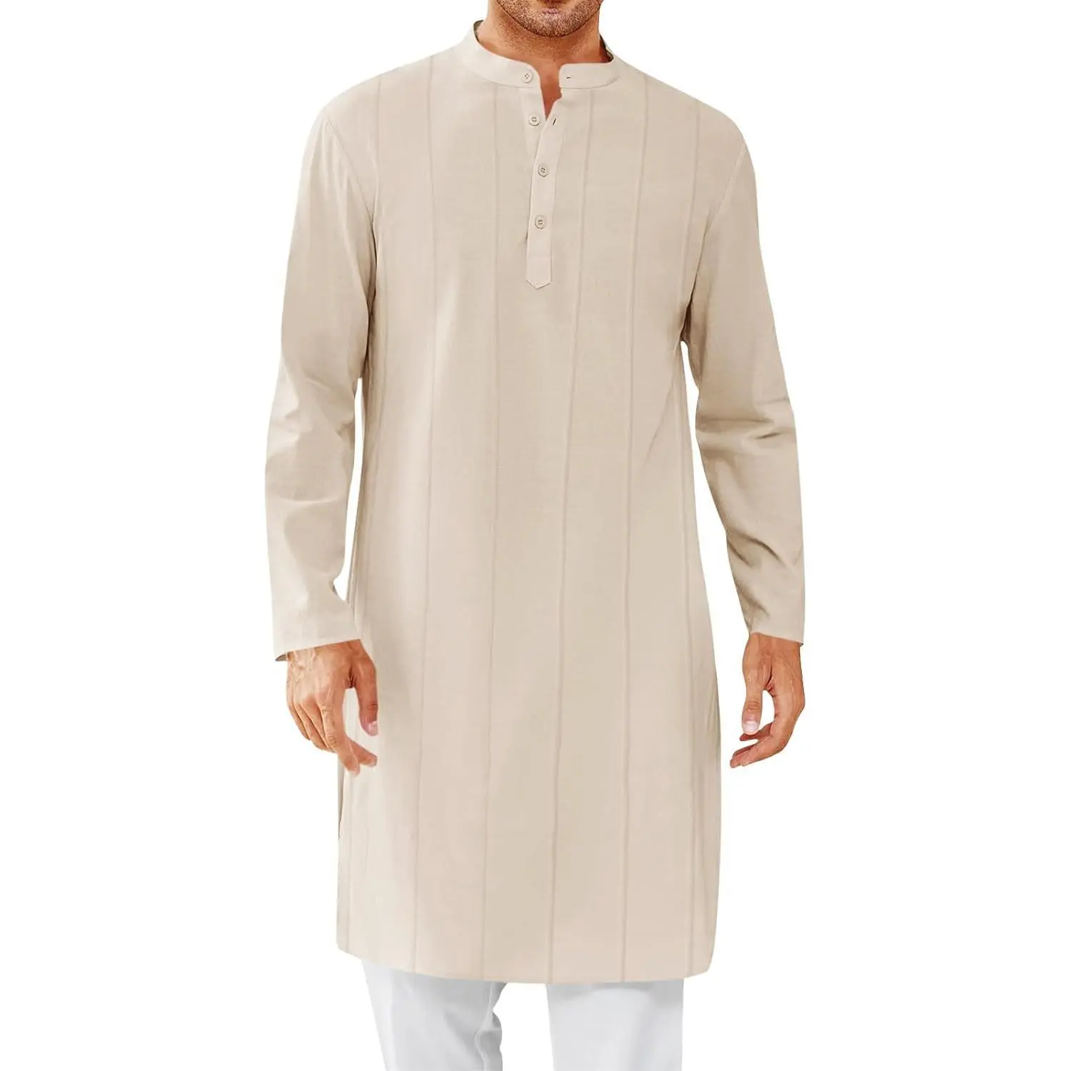 PASLTER Men's Islamic Cotton Kaftan Thobe - Button Down Henley Buttoned Top, Long Sleeve Casual Pleated Modest Robe Gown