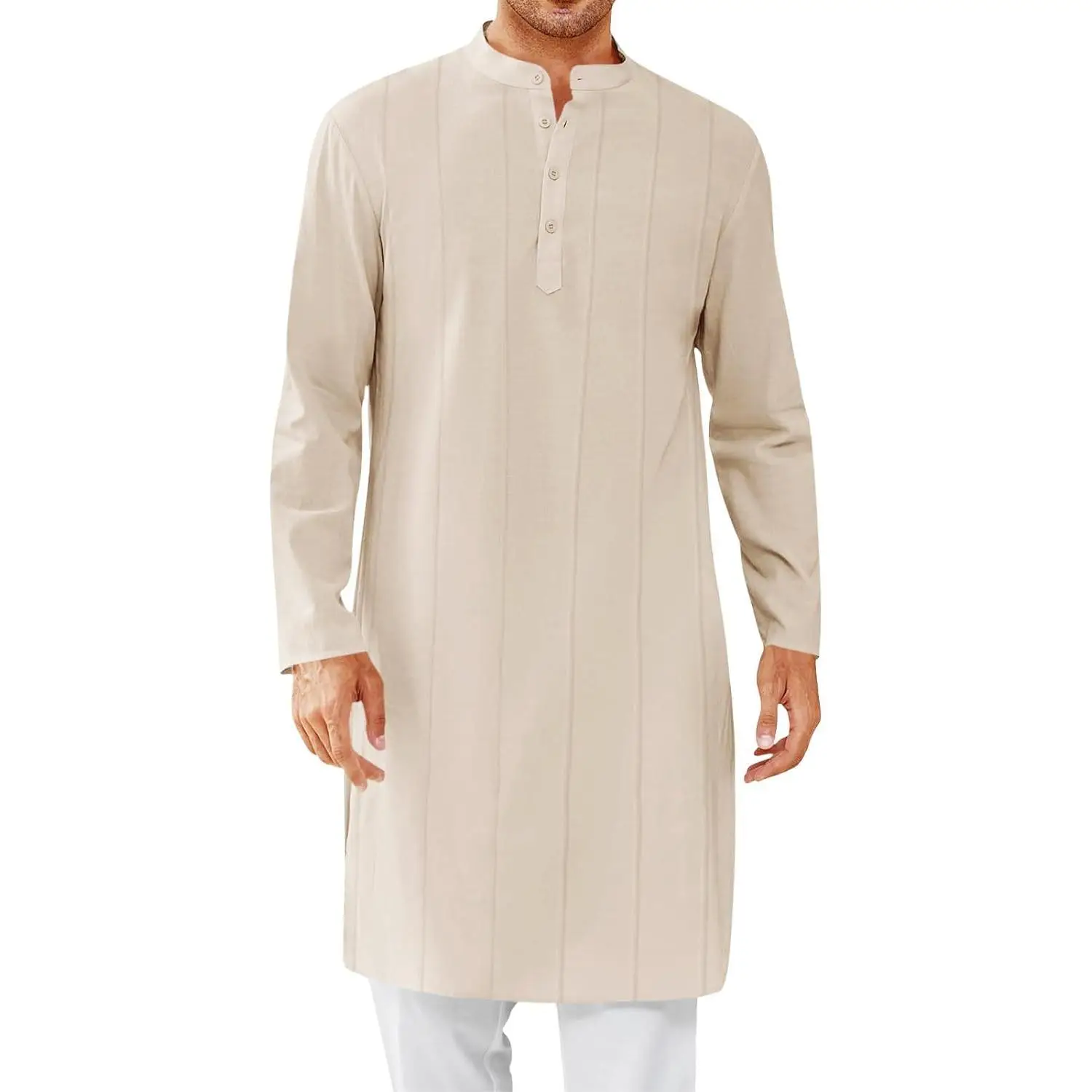 PASLTER Mens Kaftan Thobe Button Down Henley Shirts Robe Long Sleeve Casual Cotton Pleated Muslim Gown Shirt