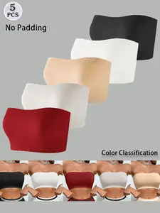 Women's Bra Set, Underwear, Pure Color One Shoulder Wrap Top Strapless Breathable Seamless No Padding Tube Top, Everyday, Pack of 5