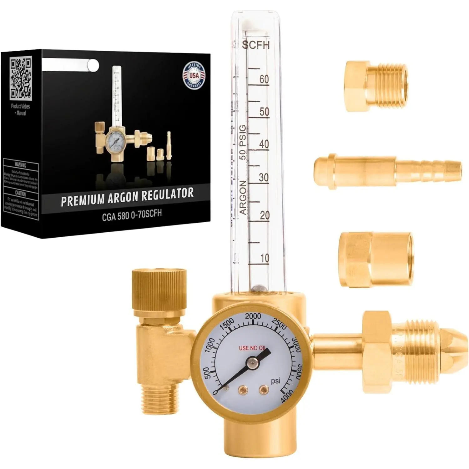 Argon-Helium Welding Gas Regulator with Flow Meter, Adjustable Gas Flow (0-70CFH), 0-4000psi Input Gauge, Single Output CGA-580 Inlet/Fittings, 5/16"-1/4" Hose/Tubing Compatibility, 5/8" UNF-18RH Nut, Lifetime Warr. for MIG & TIG Welding