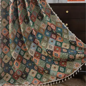 Vintage Ethnic Style Embroidered Diamond Colorblock Half-Privacy Window Curtain, 1 Panel, Home Decor, Retro Design, Perfect for Living Room, Home Decoration Curtain