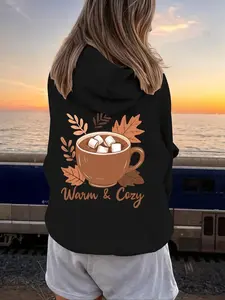 Comfort Colors Plus Size Women's Sweatshirt with Coffee & Leaf Print, Hoodie, Long Sleeve Drawstring for Fall & Winter - Tops, Womenswear